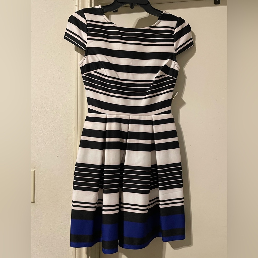 B Darlin Black and White Striped Mini Dress with Blue Hem